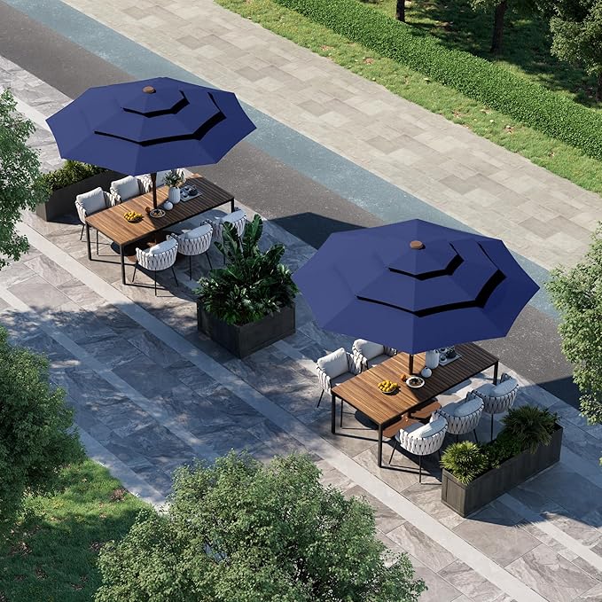 9FT 3 Tiers Patio Umbrella With Auto Tilt And Crank, Outdoor Table Market Umbrella with 8 Sturdy Ribs for Garden, Lawn, Deck, Backyard and Pool, Navy