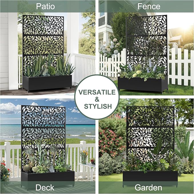 Metal Raised Garden Bed with Trellis Privacy Screen, Large Planters Box with Wheels & Drainage Holes for Climbing Plants (47" L×16" W×71" H, Black Leaf)