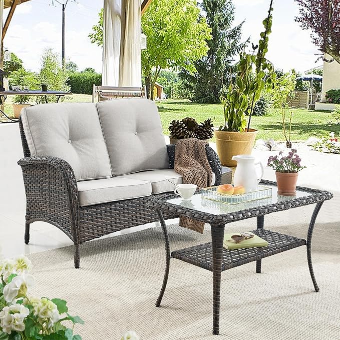 Belord Outdoor Wicker Furniture Set with Swivel Chairs, 5 Piece Small Patio Conversation Sets with Rattan Loveseat Coffee Table for Patio Deck Porch Backyard, Brown Wicker Beige Cushion