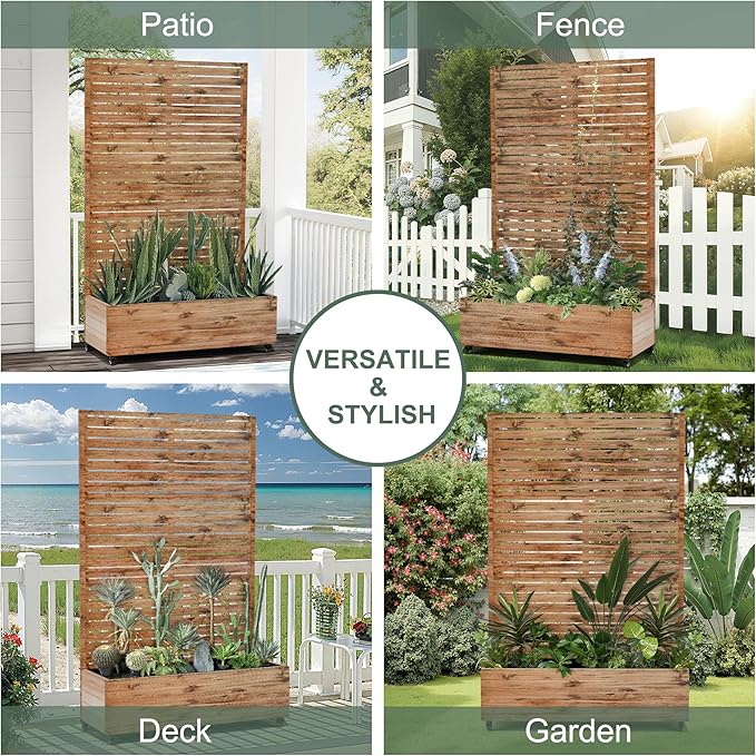 Metal Raised Garden Beds with Trellis and Wheels for Climbing Plants, Flowers, Large Planter Box with Privacy Screen & Drainage Holes for Patio (47" L, Brown Log Grain)