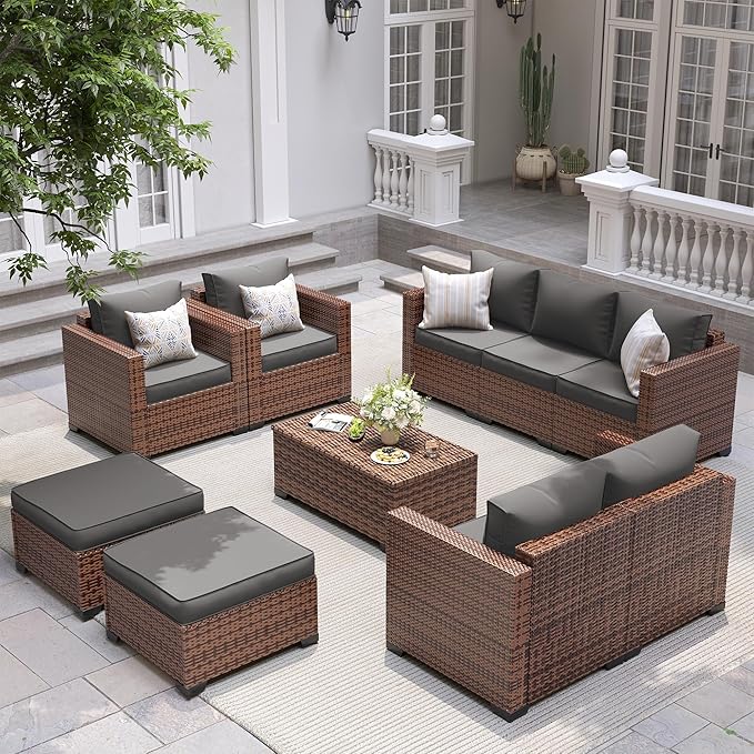 UDPATIO Patio Furniture Set with Storage Coffee Table, 7 Pieces Outdoor Furniture Sets, Wicker Rattan Patio Conversation Sets with Ottoman and Waterproof Covers for Porch Deck Backyard, Grey