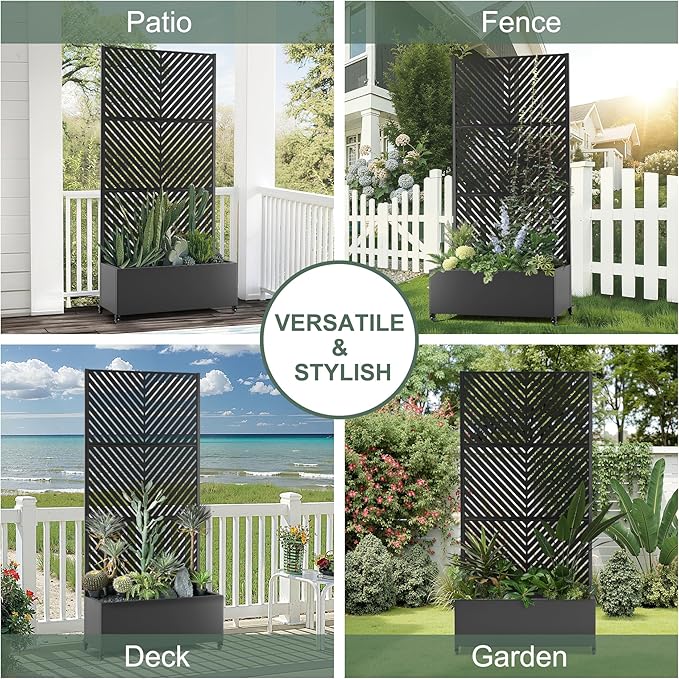 Metal Raised Garden Beds Outdoor with Trellis & Wheels, Planters Box with Privacy Screen, Drainage Holes for Vegetables, Flowers (35" L×16" W×71" H, Black Parallel)