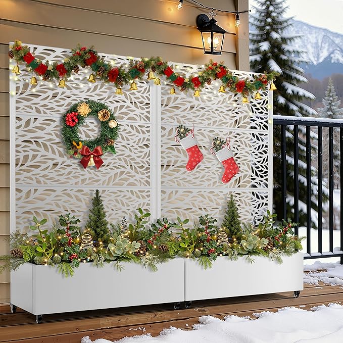FENCY Metal Raised Garden Bed with Wheels and Trellis,73"x47"x16" Planter Box for Climbing Plants, Vegetables & Vines, Features Privacy Screen and Drainage Holes (White-Leaf)