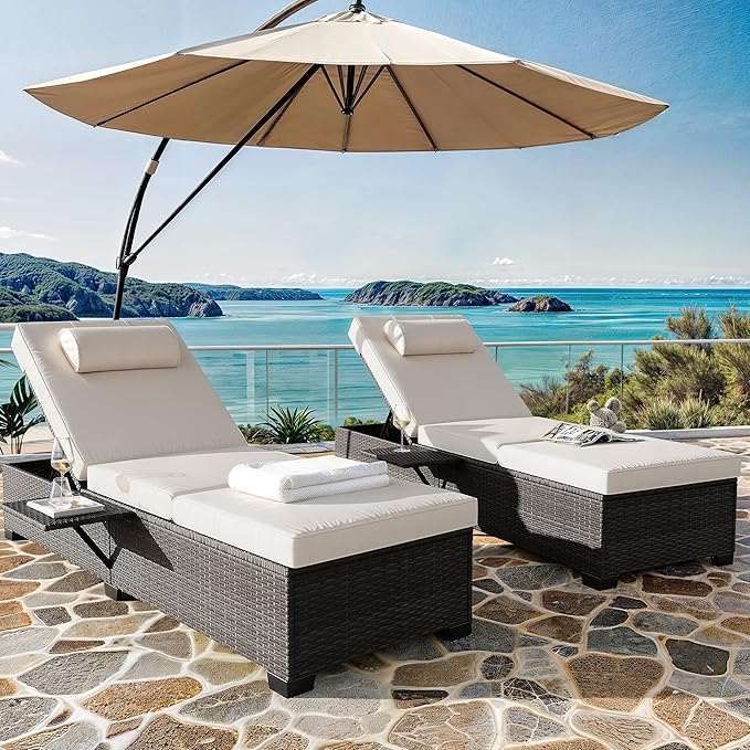 Patio Chaise Lounge Set of 2, Brown Rattan, Adjustable Backrest, Recliners with Beige Cushion