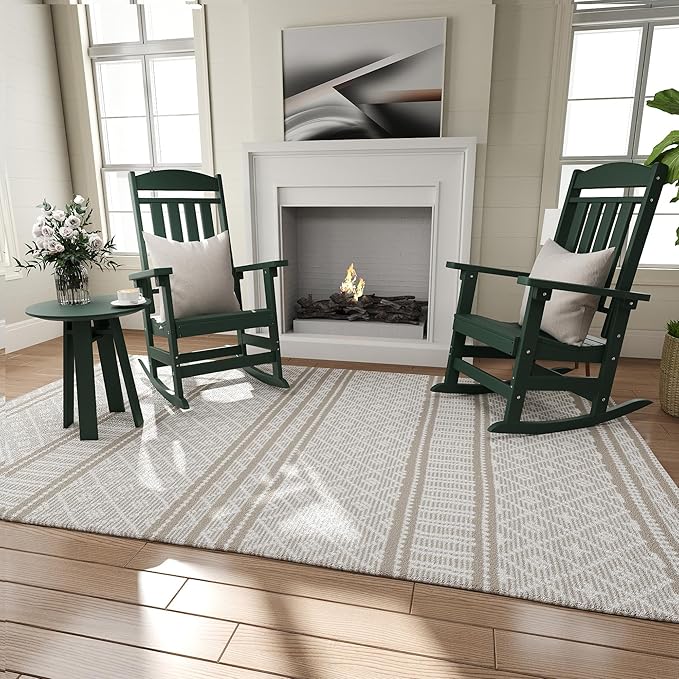 Outdoor Rocking Chairs Set of 6, Oversized High Back Patio Rocking Chairs, All Weather Porch Rocking Chairs for Outside. Dark Green