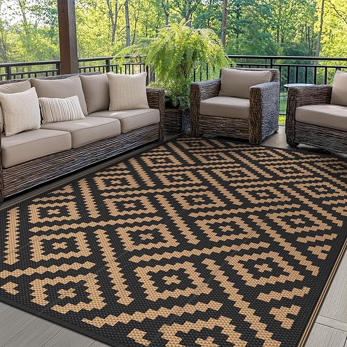 GENIMO 9'x12' Outdoor Rug Waterproof for Patio Decor, Reversible Plastic Straw Rug Carpet, Camping Mats for Outdoor, RV, Backyard, Deck, Balcony, Picnic, Light Black & Brown