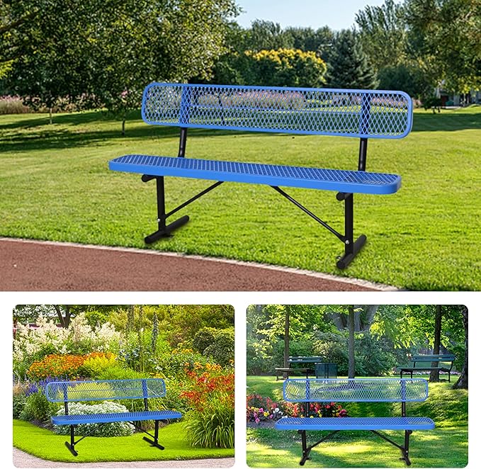 6 Ft Metal Park Bench for Outside, All-Weather Thermoplastic Coating Outdoor Bench with Backrest, Commercial Heavy Duty Benches for Shopping Malls, Stores, Parks, Patios, Decks, Blue