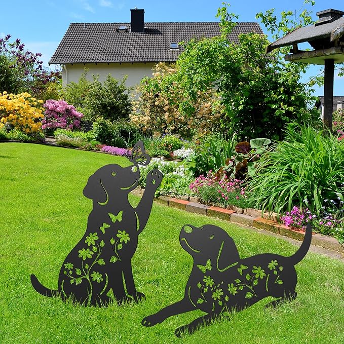 Metal Dog Garden Decor for Outside, 17 Inch Labrador Dog Gifts for Women Men, Rust-Proof Garden Stakes Black Silhouette Yard Art Statues, Yard Decorative for Patio Lawn Ornaments, Set of 2