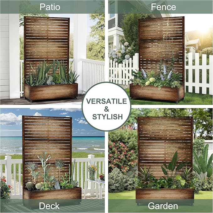 Metal Planter Box with Privacy Screen, Trellis with Planter Box for Climbing Plants, Standing Flower Bed with Wheels & Drainage Holes (47" L, Retro Brown Wood Grain)