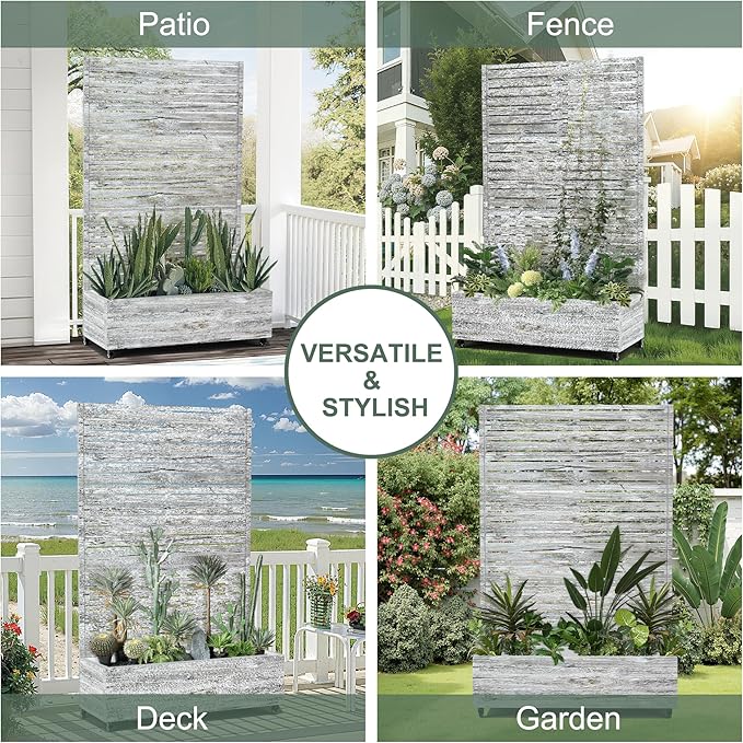 Metal Planter Boxs with Trellis & Wheels for Outdoor Plants, Vines, Large Raised Garden Beds with Drainage Holes for Patio (47" L, Gray Oak Grain)
