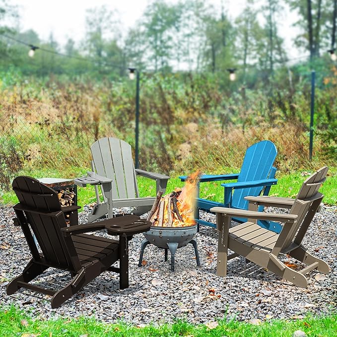 Adirondack Chair Set of 6, HDPE Folding Adirondack Chair with Multifunctional Cup Holder, Weather Resistant Fire Pit Chair for porches, patios, poolsides, Decks.