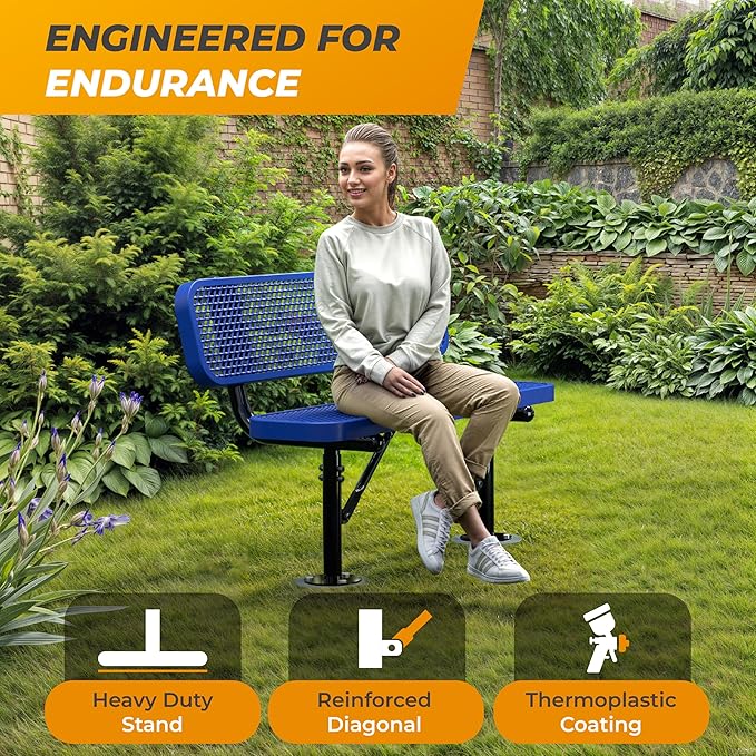 Heavy-Duty Outdoor Metal Bench, Thermoplastic-Coated, Portable, Weatherproof, Commercial-Grade for Parks, Gardens, Patios, Stores & More (4 Ft - Portable with Back, Blue)