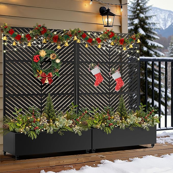 FENCY Metal Raised Garden Bed with Wheels and Trellis,73"x47"x16" Planter Box for Climbing Plants, Vegetables & Vines, Features Privacy Screen and Drainage Holes (Black-Arrow)