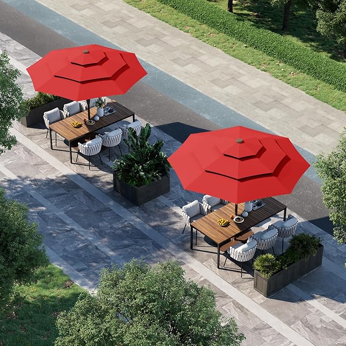 9FT 3 Tiers Patio Umbrella With Auto Tilt and Crank, Outdoor Table Market Umbrella with 8 Sturdy Ribs for Garden,Lawn,Deck,Backyard and Pool,Red
