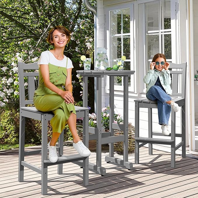 nalone Outdoor Bar Chairs and Table Set, HDPE Balcony Adirondack Chairs and Table 3 Pieces Set, Outdoor Bar Stools Set for Garden, Yard, Backyard(Grey, Bar Chairs with Table)