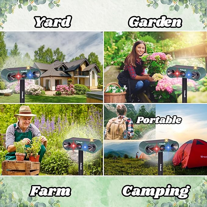 Solar Ultrasonic Animal Repellent Outdoor - Motion Activated Deterrent with Flashing LED Lights - Waterproof Yard & Garden Protector for Deer, Cat, Squirrel, Raccon, Rodents, Bird Repeller (1 Pack)