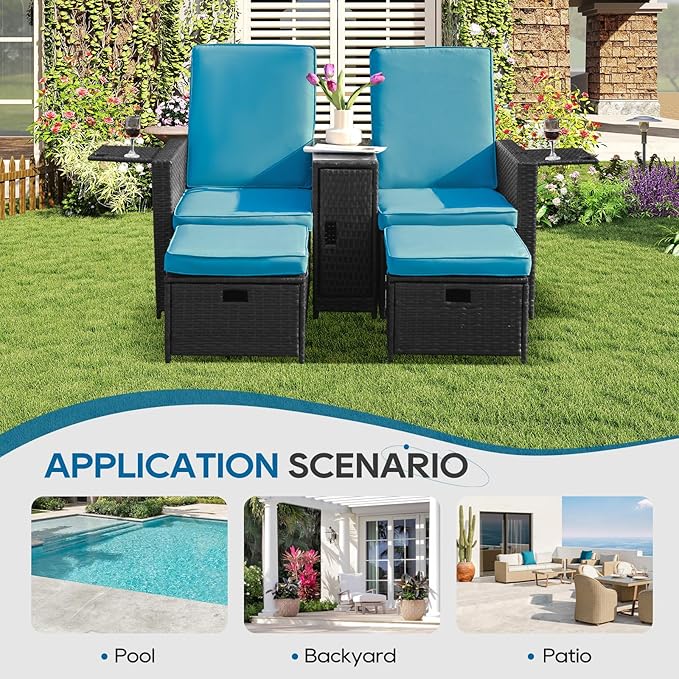 5PCS Outdoor Wicker Chaise Lounge Chair - Rattan Adjustable Reclining Patio Lounge Chair with Ottoman and Coffee Table, for Patio Beach Pool Backyard (Black Wicker Turquoise Cushion)