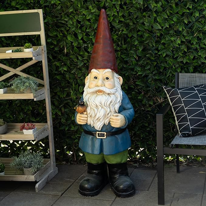 Alpine Corporation ZKD100 Jumbo Size Gnome with Bird Decor, Whimsical Gnome Statue for Patio & Garden, 48" H, Multicolor