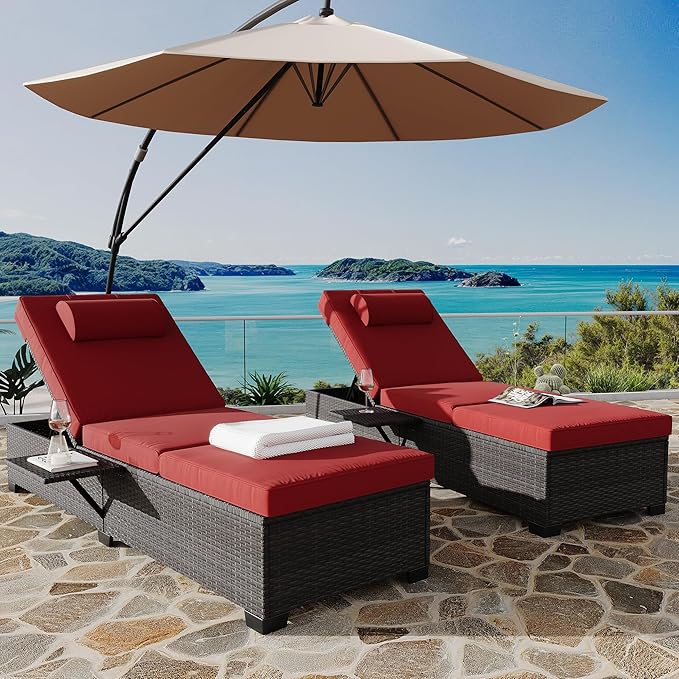 Outdoor PE Wicker Chaise Lounge Chairs, Set of 2, Brown Rattan, Modern Style, Adjustable Backrest, Recliners with Red Cushion