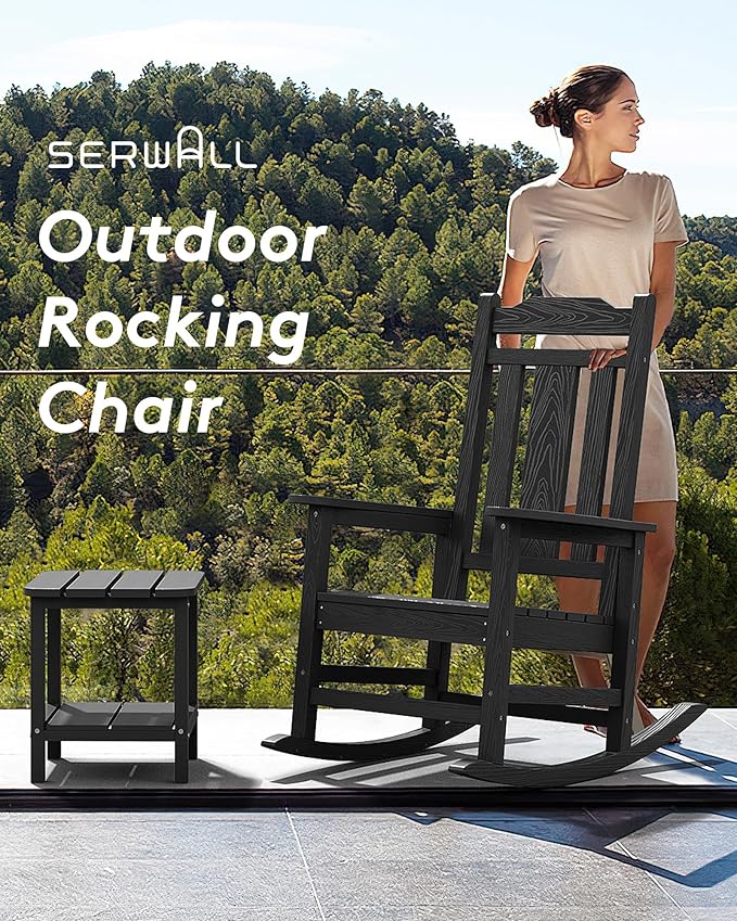 SERWALL Oversized Rocking Chair Outdoor, HDPE Outdoor Rocking Chair, Black