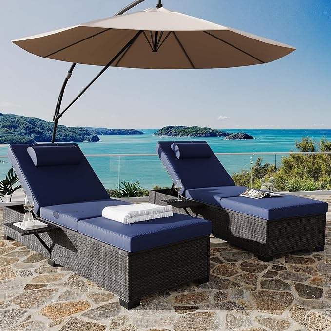 Outdoor PE Wicker Chaise Lounge Chairs, Set of 2, Modern Style, Blue, Rattan & Steel Frame, Adjustable Backrest, Comfortable Cushion & Head Pillow, Side Shelving, Indoor/Outdoor Use