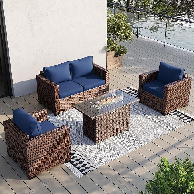 UDPATIO Patio Furniture Set with 44" Fire Pit Table, 4 Pieces Outdoor Furniture Sets, Wicker Rattan Patio Conversation Sets with Outdoor Sofa Waterproof Covers for Porch Deck Backyard, Blue