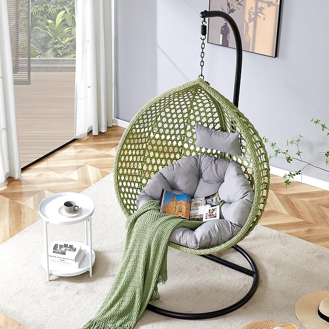 JUFU Egg Swing Chair with Stand,Hanging Egg Chair with Cushions and Pillow,Heavy Duty Lounge Basket Chair,Indoor Outdoor Patio Porch Lounge Relaxing Chair for Patio Balcony Backyard,Bedrooms