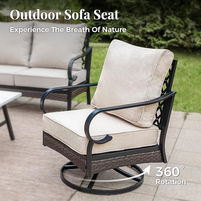 Outdoor Patio Swivel Sofa Chairs Set of 2 Steel Frame Porch Furniture with Deep Seating and 5.75" Cushions for Lawn Backyard Deck, Beige