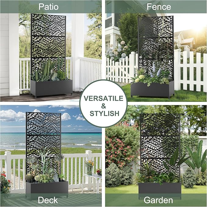 Metal Standing Planter Box with Trellis, Privacy Planter for Patio, Outdoor Raised Garden Beds with Trellis for Climbing Plants, Garden Boxes with Wheels & Drainage Holes (35"L, Black Spring)