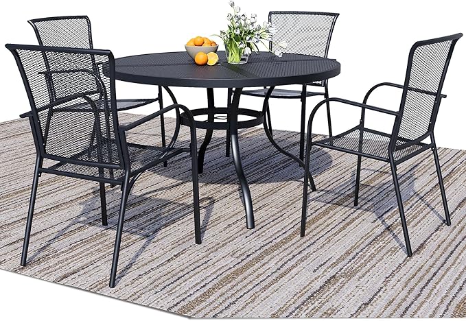 5 Piece Outdoor Dining Set, Patio Dining Set for 4, 42" Mesh Round Table with 4 Black Metal Mesh Outdoor Dining Chairs with Armrest for Lawn, Garden, or Porch
