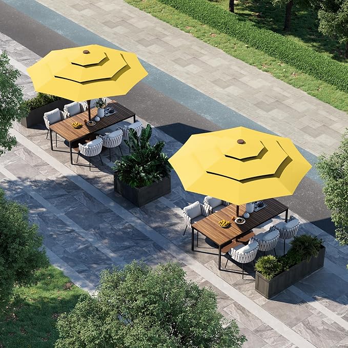 9FT 3 Tiers Patio Umbrella With Auto Tilt and Crank, Outdoor Table Market Umbrella with 8 Sturdy Ribs for Garden,Lawn,Deck,Backyard and Pool,Yellow