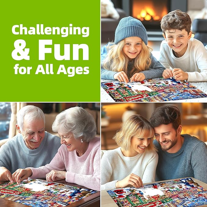 Christmas Village Street Scene Winter Holiday 1000 Piece Jigsaw Puzzle, Traditional, Family Fun Activity