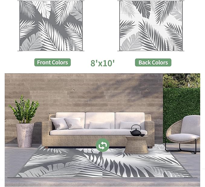 GENIMO 9'x12' Outdoor Rug Waterproof for Patio Decor, Reversible Plastic Straw Rug Carpet, Camping Mats for Outdoor, RV, Backyard, Deck, Balcony, Picnic, Mix Grey & White