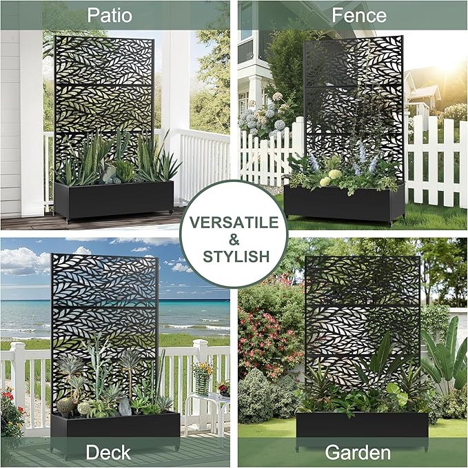Metal Planter Box with Trellis & Wheels for Outdoor Plants, Large Raised Garden Beds with Drainage Holes, Privacy Planters Box with Trellis for Climbing Plants, Flowers (47"L, Black Spring)
