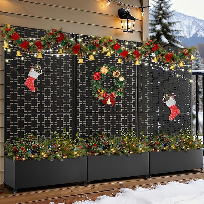 FENCY Metal Raised Garden Bed with Wheels and Trellis,73"x35"x16" Planter Box for Climbing Plants, Vegetables & Vines, Features Privacy Screen and Drainage Holes (Black-Square)
