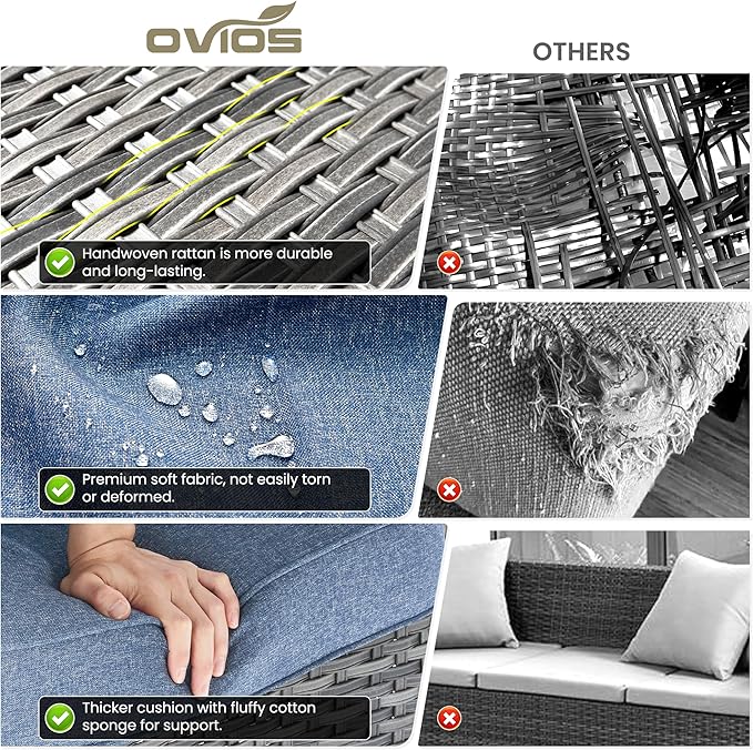 ovios 7-Pieces Patio Furniture Set with 42 Inch Fire Pit Table Swivel Chairs, Outdoor Wicker Sofa Couch Gliders Rocker, High Back Modern Conversation Set, Grey Rattan, Denim Blue