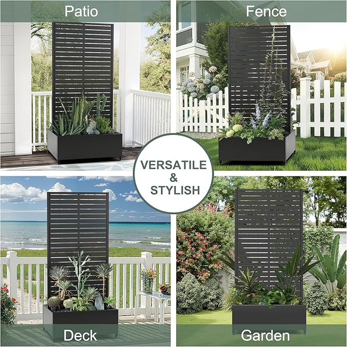 Metal Raised Garden Beds with Trellis and Wheels, Standing Planter Box with Privacy Screen for Outdoor Plants, Garden Boxes with Drainage Holes (35" L×24" W×71" H, Black)