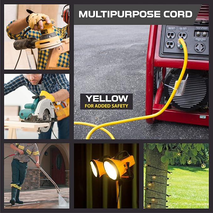 Iron Forge Cable 50 Foot Lighted Outdoor Extension Cord with 3 Electrical Power Outlets - 12/3 SJTW Heavy Duty Yellow Extension Cable with 3 Prong Grounded Plug for Safety, 15 AMP