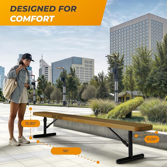 Heavy-Duty Outdoor Metal Bench, Thermoplastic-Coated, Portable, Weatherproof, Commercial-Grade for Parks, Gardens, Patios, Stores & More (8 Ft - Portable, Brown)
