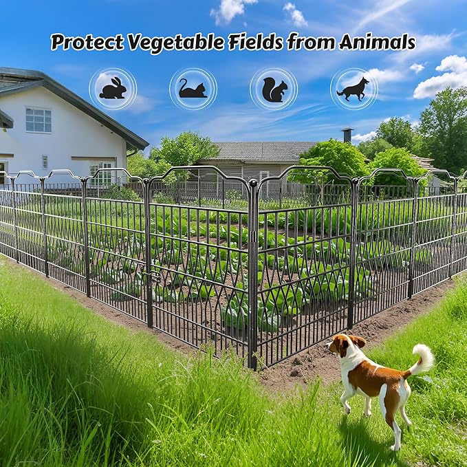 Bepatio 5 Panels Tall Garden Fence with Latch, 43.3in (H) x 14.8ft (L) Dog Fence Outdoor for Yard, Arc Metal Fencing Panels, Animal Barrier Fencing for Outdoor, Patio, Flower Bed