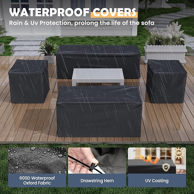 Amopatio Aluminum Patio Furniture Set, 8 Pieces Modern Patio Conversation Sets, Outdoor Sectional Metal Sofa with Coffee Table for Balcony, Garden, White (Included Waterproof Covers)