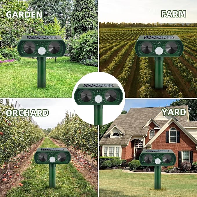 4 Pack Ultrasonic Animal Repellent Outdoor Deer Repellent Devices Solar Animal Repeller Waterproof, Motion Activated Animal Deterrent to Scare Cat Squirrel Rabbit Raccoon Skunk for Yard Garden Lawn