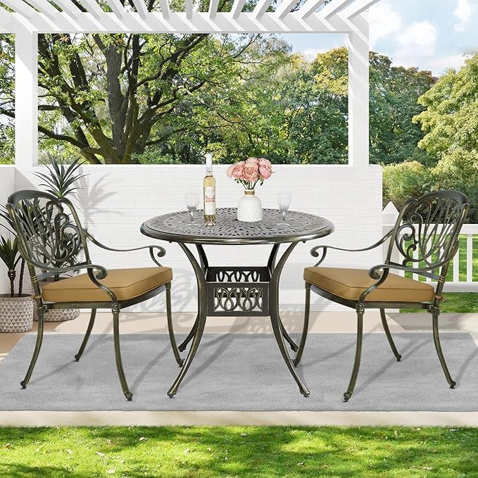MEETWARM 3 Piece Patio Bistro Set, Outdoor All-Weather Cast Aluminum Dining Furniture Set Includes 2 Cushioned Chairs and a 35.4” Round Table with Umbrella Hole for Garden Deck