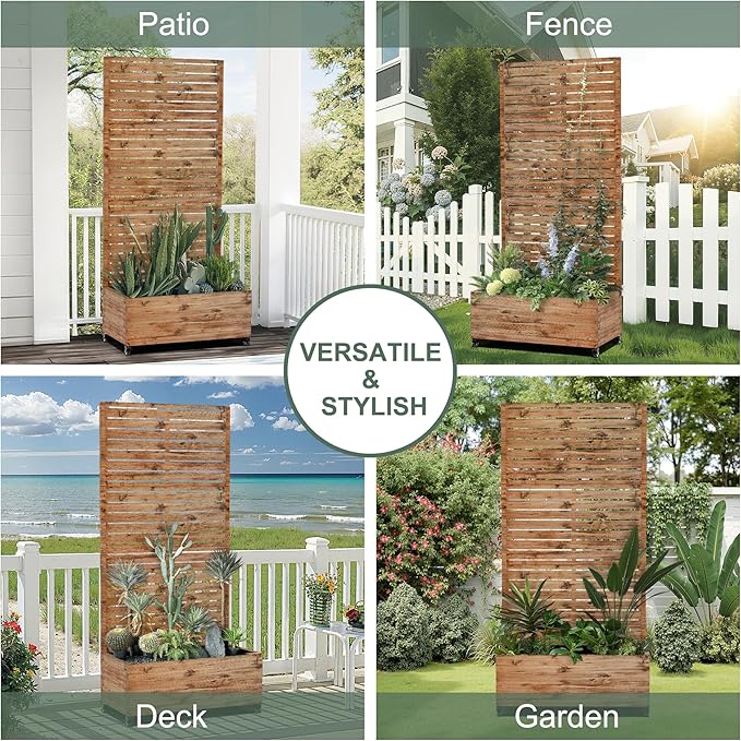 Metal Raised Garden Beds with Trellis and Wheels for Climbing Plants, Flowers, Large Planter Box with Privacy Screen & Drainage Holes for Patio (35" L, Brown Log Grain)