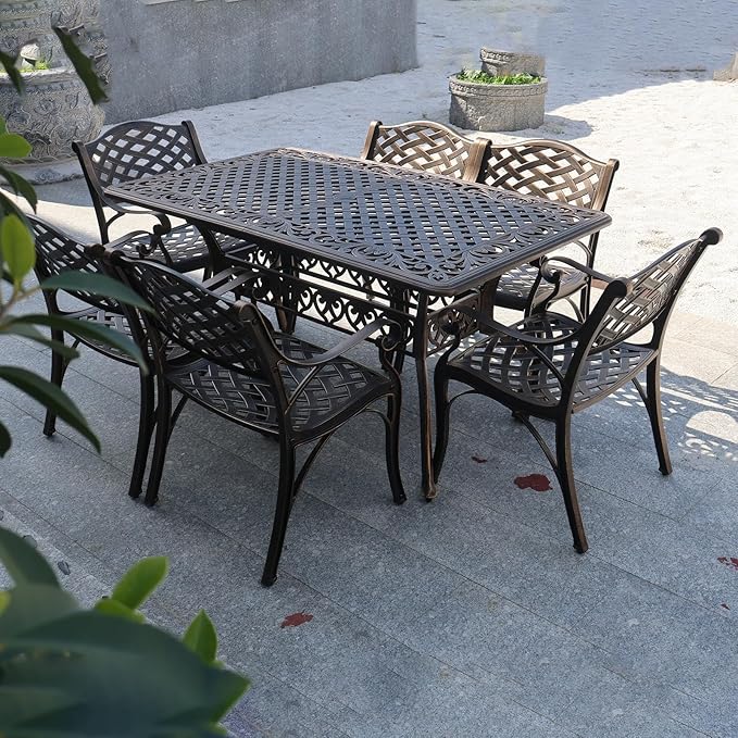 Outdoor Patio Dining Set Cast Aluminum 7 Piece Patio Bistro Dining Set,Metal Rectangular Patio Table and Chairs Set for 6 Person with Umbrella Hole,Patio Furniture Sets for Garden,Bronze