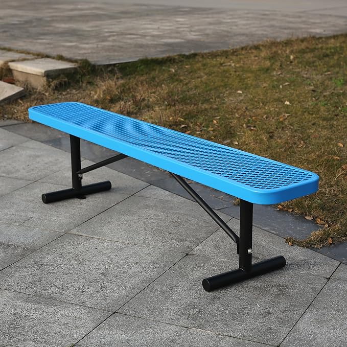 6 Feet Heavy Duty Metal Park Bench for Outside, Outdoor Bench with Portable Frame, Commercial Benches for Shopping Mall, Store, Park, Patio, Deck, Blue