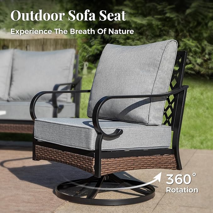 Outdoor Patio Swivel Sofa Chairs Set of 2 Steel Frame Porch Furniture with Deep Seating and 5.75" Cushions for Lawn Backyard Deck, Grey