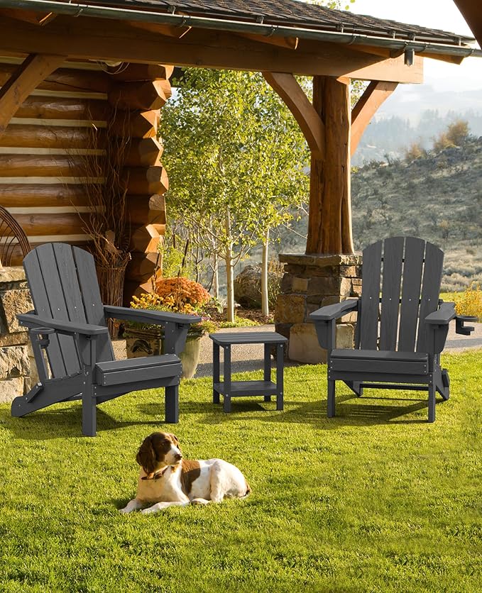 SERWALL Folding Adirondack Chair Set of 2, Adjustable Adirondack Chair with 3 Recline Positions, All Weather HDPE Outdoor Adirondack with Cup Holders, Gray
