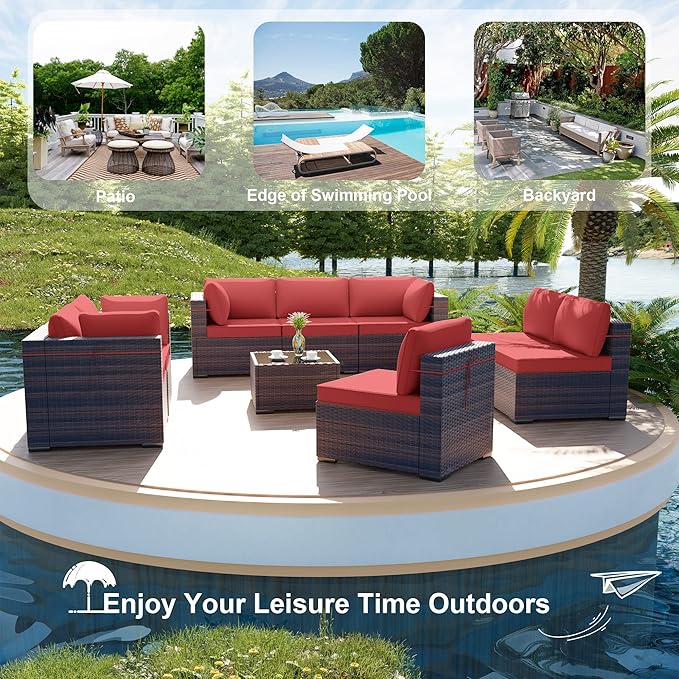 ALAULM Patio Furniture Set with Coffee Table, 9 Pieces Outdoor Sectional with Wide Seat and Thick Cushion, All Weather Wicker Rattan Conversation Set for Backyard, Garden, Deck, Red