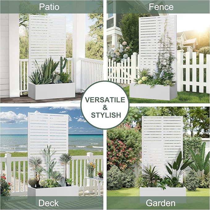 Metal Planter Box with Trellis for Climbing Plants Outdoor, Raised Garden Bed with Trellis, Privacy Planters for Patio (35" L×16" W×71" H, White Blinds)
